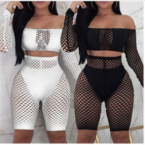 Women Summer Beach Bikini Cover-up Ladies Lace Crochet Swimsuit Cover Up Swimwear 2Pcs Mesh Push Up Top+Fishnet Shorts Beachwear freeshipping - Sassy Nilah Boutique