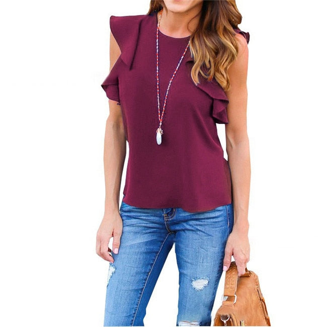 Women Chiffon Blouse Fashion Summer Sexy O Neck Sleeveless Ruffle Shirts Casual Slim Solid Blusas Plus Size Blouse Tops freeshipping - Sassy Nilah Boutique