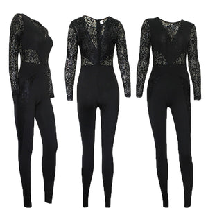 Vogue Ladies Black Lace Jumpsuits women long sleeve sexy jumpsuits female fashion stretchy casual jumpsuits Long Romper clubwear freeshipping - Sassy Nilah Boutique