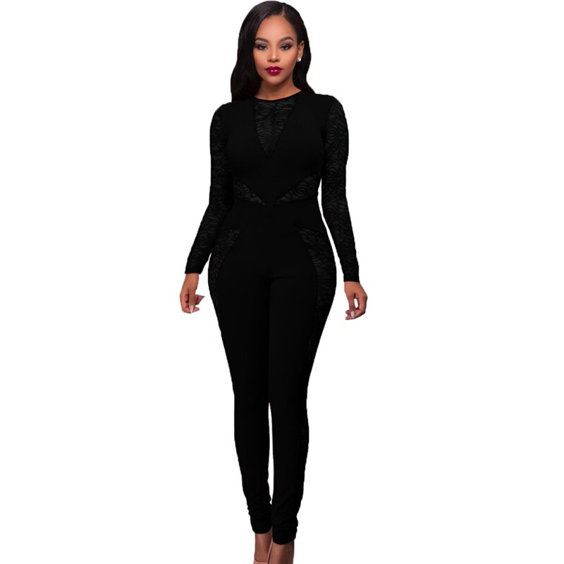 Vogue Ladies Black Lace Jumpsuits women long sleeve sexy jumpsuits female fashion stretchy casual jumpsuits Long Romper clubwear freeshipping - Sassy Nilah Boutique