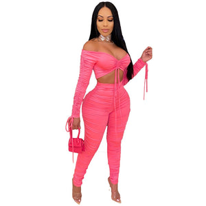 Lace Up Drawstring Two Piece Set Women Off Shoulder Crop Top Ruched Stacked Pants Elegant 2 Piece Set Club Outfits Matching Sets freeshipping - Sassy Nilah Boutique