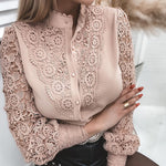 Women Fashion Casual Lace Hollow-out Blouse  Pullovers Top Fashion Button Design Casual Blouse Top freeshipping - Sassy Nilah Boutique