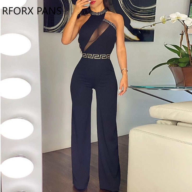 Women Clothes O Neck Cutout Sheer Mesh Jumpsuit Casual Jumpsuit