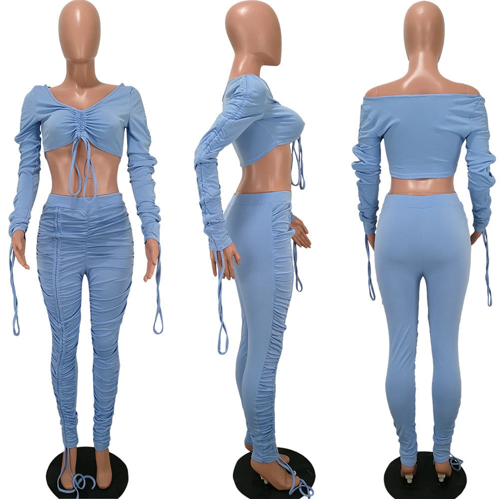 Lace Up Drawstring Two Piece Set Women Off Shoulder Crop Top Ruched Stacked Pants Elegant 2 Piece Set Club Outfits Matching Sets freeshipping - Sassy Nilah Boutique