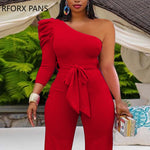 Women Solid Elegant Sashes Deep V neck One Puff Sleeves Shoulder Bodycon Jumpsuit