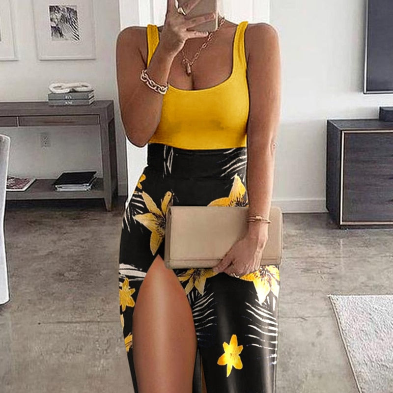 Tank Top & High Slit Printed Skirt Sets freeshipping - Sassy Nilah Boutique