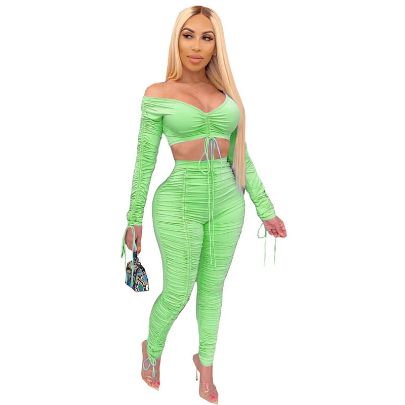 Lace Up Drawstring Two Piece Set Women Off Shoulder Crop Top Ruched Stacked Pants Elegant 2 Piece Set Club Outfits Matching Sets freeshipping - Sassy Nilah Boutique