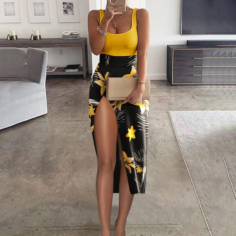 Tank Top & High Slit Printed Skirt Sets freeshipping - Sassy Nilah Boutique