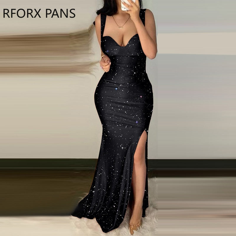 Women Glitter Glamorous Tank High Silt Bodycon Maxi Sexy Formal Party Black Dress