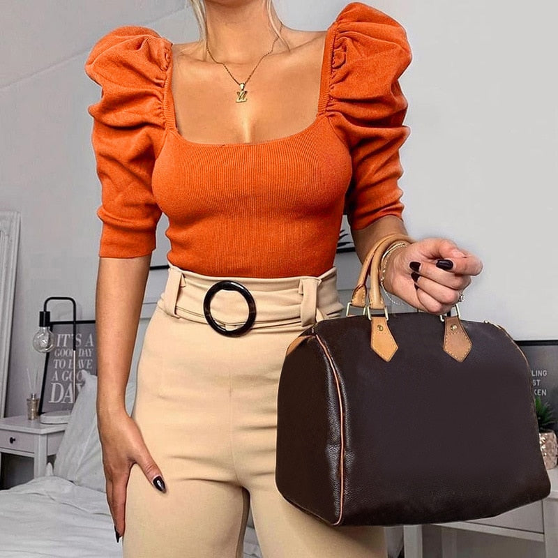 Vintage Puff Sleeve Women Blouse Square Neck Korean Style Tops Elegant Sexy White Black Slim Crop Blouse Women freeshipping - Sassy Nilah Boutique