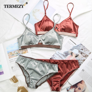 TERMEZY New Women Underwear Wire Free satin bra thin 3/4 cups Bra and Panty Set Hollow Lingerie Women Brassiere Bralette freeshipping - Sassy Nilah Boutique