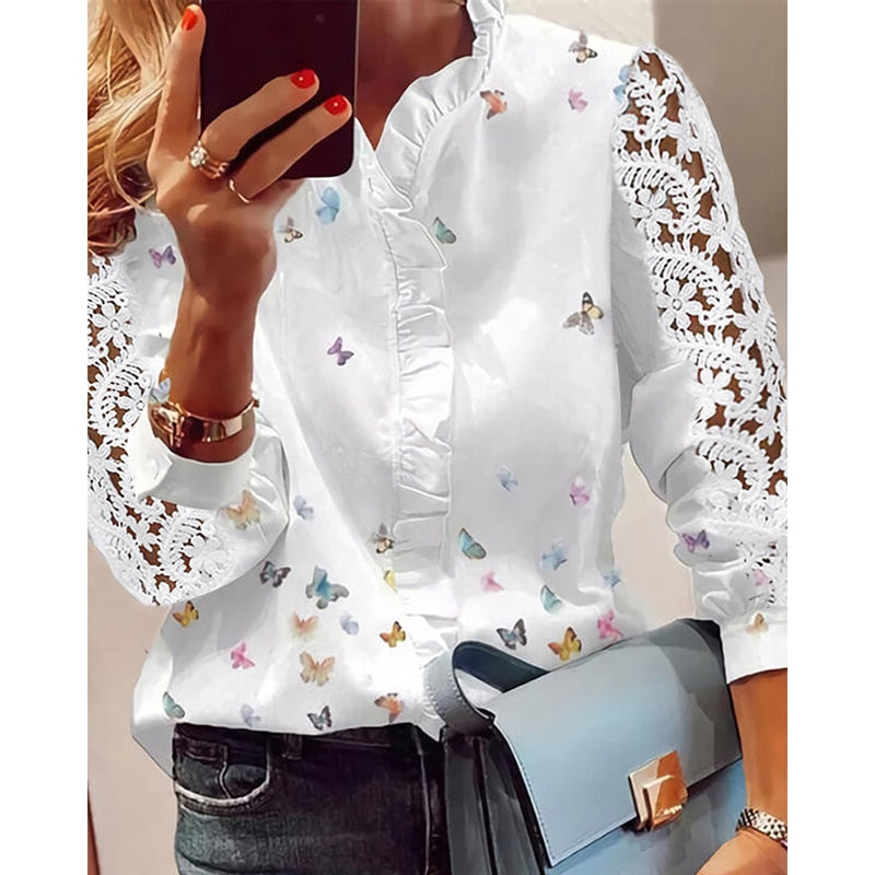 Women Elegant Fashion Butterfly Print Blouses Top Ruffled Trim  Casual Long Lace Sleeve Blouse freeshipping - Sassy Nilah Boutique