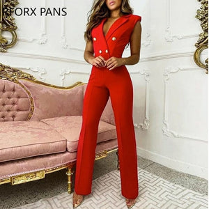 Women Solid Chic Deep V neck Button Casual Tank Sleeveness Blazer Straight Red Jumpsuit