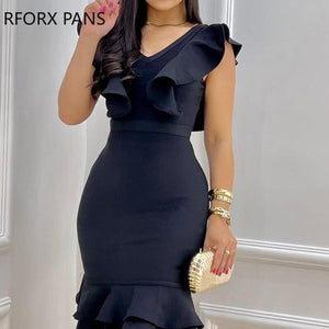 Women Solid Sexy Flying Sleeves Cascading Ruffle Bodycon Formal Party Dresses