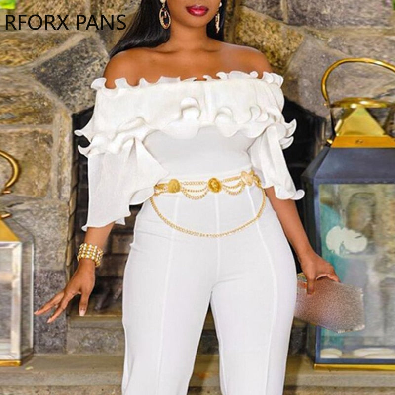 Women Soild  Ruffle Hem Chain Sashes Off  Shoulder Casual Straight White Jumpsuit