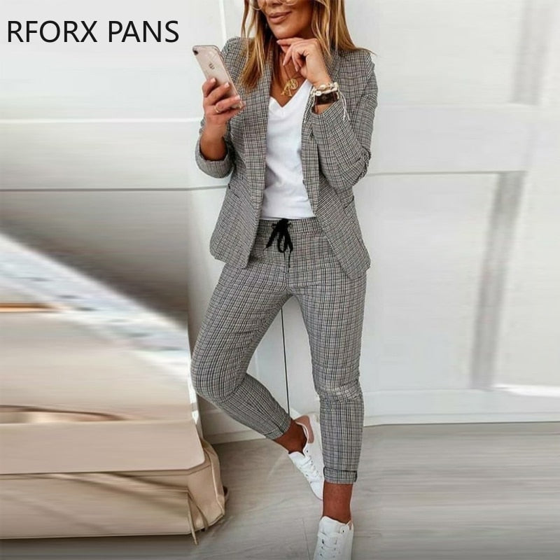 Women Elegant Plaid Notched Collar Drawstring Skinny Working Blazer Ankle Length Pencil Pants Sets