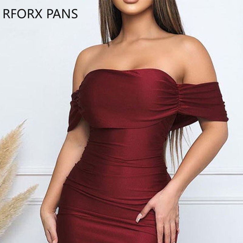 Women Solid Elegant  Off  Shoulder Shirring Midi Bodycon Party Formal Wine Red Dress