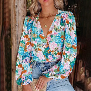 Women Clothing Printed V-neck Lantern Long Sleeve Loose Casual Shirt