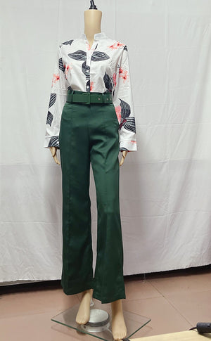 Women Two Pieces Set Leaf Print Buttoned Shirt & High Waist Pants Set Women Tracksuit Office Clothes with belt freeshipping - Sassy Nilah Boutique