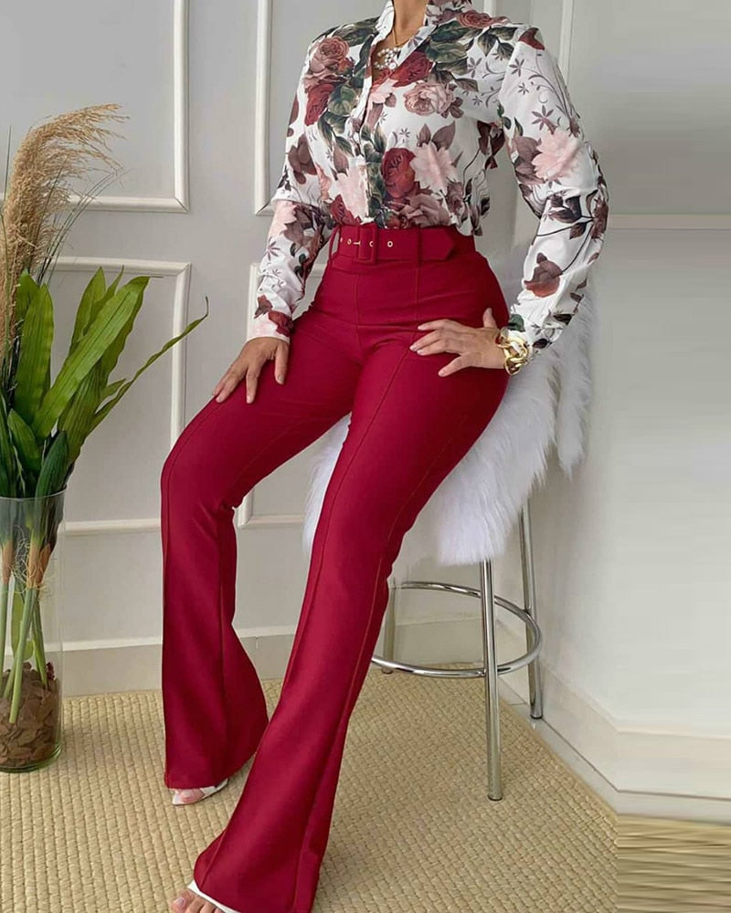 Women Two Pieces Set Leaf Print Buttoned Shirt & High Waist Pants Set Women Tracksuit Office Clothes with belt freeshipping - Sassy Nilah Boutique