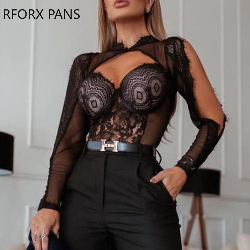 Women Solid Hollow Out Long Sleeves Stand Collar Bodycon Basic Sexy Black Lace Blouses Crop Tops