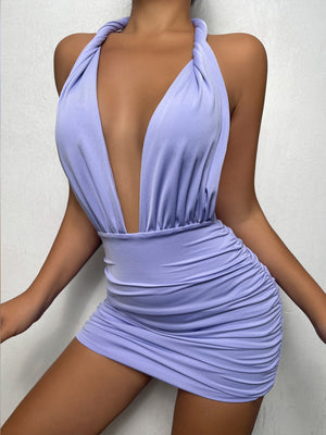 Summer Women Halter Ruched Dress Hollow Out Backless Sexy Dress