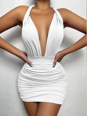 Summer Women Halter Ruched Dress Hollow Out Backless Sexy Dress