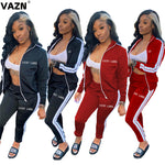 VAZN Red Black Gym Sport Lady V neck Full Sleeve Full Pant Solid