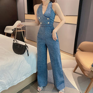 Women Fashion  Denim Jumpsuits Summer Sexy halter backless high