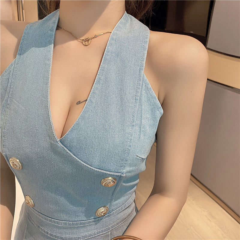 Women Fashion  Denim Jumpsuits Summer Sexy halter backless high