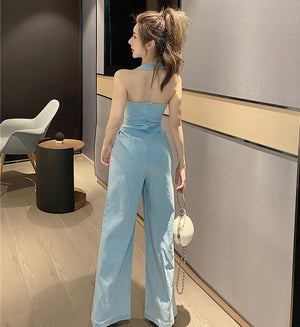 Women Fashion  Denim Jumpsuits Summer Sexy halter backless high