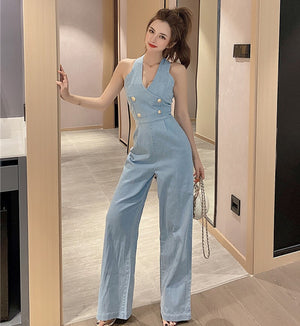 Women Fashion  Denim Jumpsuits Summer Sexy halter backless high