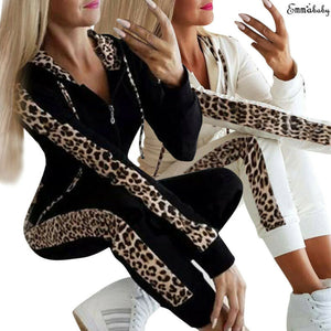 Women Set Sport Suit Tracksuit Outfit Long Sleeve Leopard Print