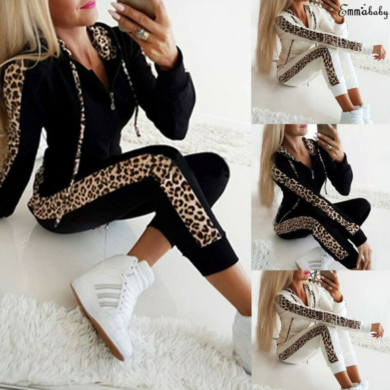 Women Set Sport Suit Tracksuit Outfit Long Sleeve Leopard Print