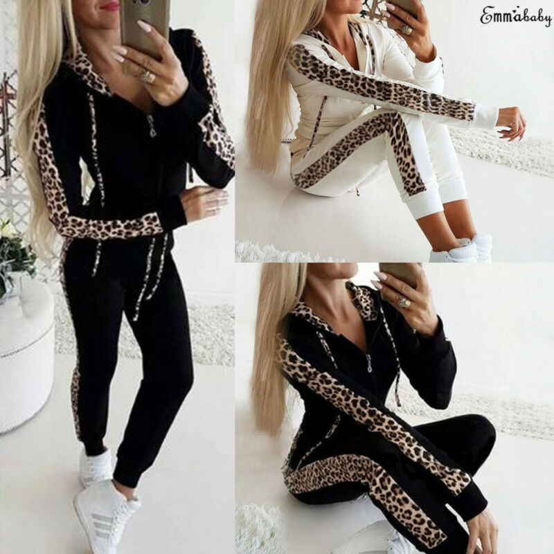 Women Set Sport Suit Tracksuit Outfit Long Sleeve Leopard Print