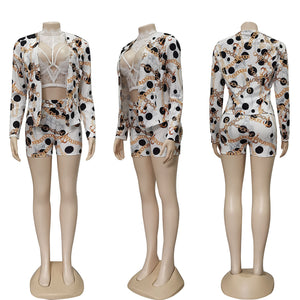 Women Vinatge Chain Printed Blazer Top and Shorts Set Elegant Office