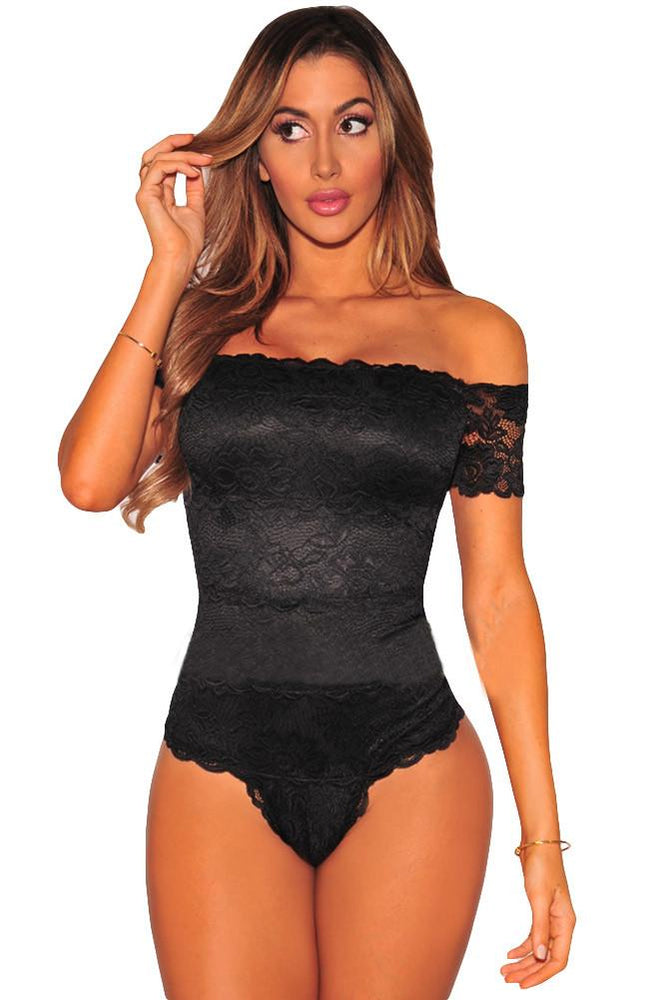 Women Black off Shoulder Lace Bodysuit freeshipping - Sassy Nilah Boutique