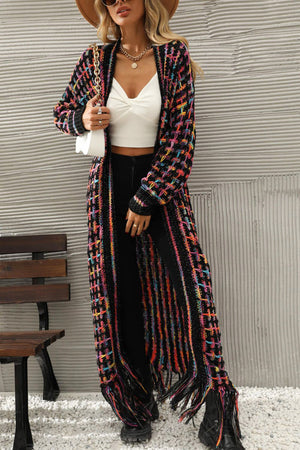 Multicolored Open Front Fringe Hem Cardigan