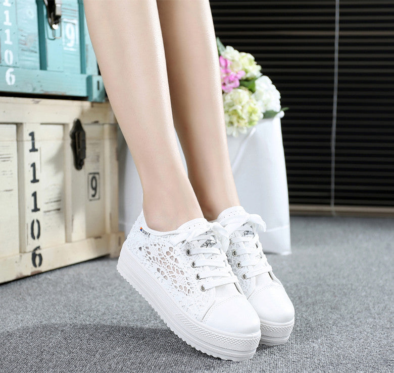 Summer Women Shoes Casual Cutouts Lace Canvas Shoes Hollow Floral Breathable Platform Flat Shoe White Black